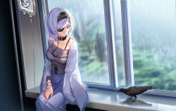Rule 34 | 1girl, absurdres, belt collar, bird, black survival, blue eyes, blue hair, blue skirt, bra strap, closed mouth, collar, crow, eyepatch, headband, high-waist skirt, highres, indoors, intravenous drip, kexue, long sleeves, looking at viewer, one eye covered, purple sweater, rain, ribbed sweater, sash, short hair, sitting, skirt, solo, sweater, window