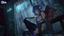 Rule 34 | 1girl, ahoge, azur lane, bare shoulders, black gloves, black thighhighs, blue hair, breasts, building, chair, cleavage, cloud, cloudy sky, commentary, copyright notice, curtains, english commentary, gloves, hair between eyes, hair ornament, helena (azur lane), helena (meta) (azur lane), highres, indoors, long hair, monosucre, moon, night, night sky, official alternate costume, official art, plant, red eyes, second-party source, sitting, sky, skyscraper, smile, solo, thighhighs, thighs