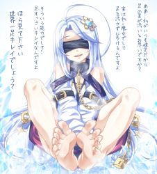 Rule 34 | 1girl, barefoot, blindfold, blue hair, feet, highres, kyuutou (kyuutouryuu), light blue hair, long hair, open mouth, soles, toes, translated