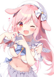 Rule 34 | 1girl, ;d, animal ears, beret, bikini, blush, bow, breasts, commentary request, fang, frilled sailor collar, frilled skirt, frills, hair between eyes, hair bow, hat, heart, long hair, looking at viewer, medium breasts, navel, one eye closed, open mouth, original, pan (mimi), pink hair, rabbit ears, red eyes, sailor collar, simple background, skirt, smile, solo, striped, striped bow, swimsuit, very long hair, white background, white bikini, white bow, white hat, white sailor collar, white skirt