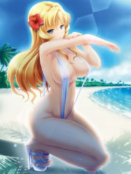 Rule 34 | 1girl, bare shoulders, beach, bikini, blonde hair, blue eyes, blue sky, breasts, cleavage, closed mouth, cloud, covered erect nipples, day, fingernails, flower, groin, hair between eyes, hair flower, hair ornament, hands up, hibiscus, high heels, highres, large breasts, legs, lens flare, long hair, looking at viewer, micro bikini, momaseteyo ore no seigi, nail polish, navel, non-web source, ocean, outdoors, palm tree, purple nails, red flower, sand, sideboob, sidelocks, sky, slingshot swimsuit, solo, squatting, stomach, strap gap, swimsuit, thighs, toenail polish, toenails, toes, tooya daisuke, tree, water, white footwear