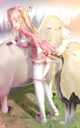 Rule 34 | 1girl, ass, bent over, bestiality, blonde hair, blush, breasts, costume, cum, cunnilingus, dog, doggystyle, from behind, hetero, licking, mabinogi, napalmbit, oral, sex, sex from behind, sheep, tagme, thighhighs, tongue, wolf