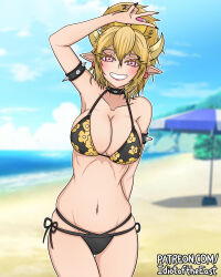 absurdres arm_behind_back armlet beach_umbrella bikini black_bikini black_nails blurry blurry_background bowsette collar commentary cosplay english_commentary fingernails floral_print grin highres horns idiot_of_the_east jewelry kitagawa_marin kitagawa_marin_(cosplay) mario_(series) navel new_super_mario_bros._u_deluxe nintendo pink_eyes pointy_ears ponytail sharp_fingernails smile sono_bisque_doll_wa_koi_wo_suru spiked_armlet spiked_collar spikes super_crown swimsuit umbrella v watermark web_address