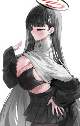 Rule 34 | 1girl, absurdres, black bra, black hair, black pantyhose, black skirt, blue archive, blunt bangs, blush, bra, breasts, breath, bright pupils, clothes lift, hair ornament, hairclip, halo, hand on own hip, highres, hot, jacket, lace, lace-trimmed bra, lace trim, large breasts, long hair, long sleeves, pantyhose, pleated skirt, red eyes, rio (blue archive), skirt, solo, sweat, sweater, sweater lift, turtleneck, turtleneck sweater, underwear, very long hair, wet, white background, white sweater, yuki (asayuki101)