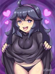 Rule 34 | 1girl, ahoge, artist name, artsheops, black dress, breasts, clothes lift, creatures (company), dress, dress lift, fingernails, flashing, game freak, hairband, heart, heart-shaped pupils, hex maniac (pokemon), highres, large breasts, long hair, looking at viewer, messy hair, nail polish, nintendo, open mouth, panties, pokemon, pokemon xy, purple background, purple eyes, purple hair, purple panties, sharp fingernails, smile, solo, symbol-shaped pupils, teeth, tongue, tongue out, turtleneck, turtleneck dress, underwear, upper teeth only