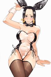 Rule 34 | 1girl, absurdres, black hair, black thighhighs, blue eyes, blush, boa hancock, breasts, earrings, embarrassed, highres, jewelry, joy boy, large breasts, leotard, long hair, bowtie, one piece, parted bangs, playboy bunny, rabbit ears, snake earrings, thighhighs, white background