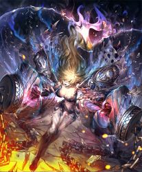 Rule 34 | 10s, 1girl, absurdly long hair, artist request, ball and chain (weapon), black skin, blonde hair, blue eyes, chain, claws, colored skin, crack, cracked floor, crazy smile, cygames, embers, fangs, frenzied juggernaut, long hair, messy hair, multicolored skin, official art, pale skin, shadowverse, shingeki no bahamut, slit pupils, smile, very long hair