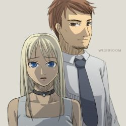 Rule 34 | 1boy, 1girl, :o, bare shoulders, blonde hair, blue eyes, brown eyes, brown hair, choker, cing, copyright name, cross, dress shirt, facial hair, goatee, height difference, hotel dusk, kyle hyde, long hair, looking at viewer, lowres, mila evans, necktie, open mouth, shirt, sidelocks, silver background, simple background, sketch, swept bangs, upper body