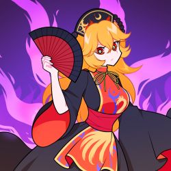 Rule 34 | 1girl, absurdres, animal print, artist request, belt, bird print, black dress, black hat, bow, bowtie, breasts, chinese clothes, closed mouth, commentary, crescent, dress, energy, english commentary, gradient background, hair between eyes, hand fan, hand up, hat, highres, junko (touhou), long hair, long sleeves, looking at viewer, medium breasts, orange hair, phoenix crown, phoenix print, pom pom (clothes), purple background, rabbitfolly, red belt, red eyes, red tabard, solo, standing, tabard, touhou, wavy hair, wide sleeves, yellow bow, yellow bowtie