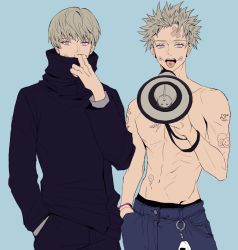 Rule 34 | 2boys, bandage on face, bandages, blonde hair, blue background, blue pants, commentary request, dual persona, facial tattoo, hand in pocket, high collar, holding, holding megaphone, inumaki toge, jacket, jujutsu kaisen, korean commentary, kukig8765, long sleeves, looking at viewer, male focus, male underwear, male underwear peek, megaphone, multiple boys, nipples, pants, purple hair, school uniform, short hair, simple background, tattoo, toned, toned male, tongue, tongue out, topless male, underwear
