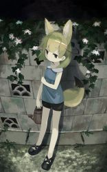 Rule 34 | 1girl, :|, alternate costume, animal ear fluff, animal ears, bare arms, bare legs, black eyes, black footwear, black shorts, blonde hair, closed mouth, commentary, extra ears, fennec (kemono friends), flower, fox ears, fox girl, fox tail, full body, highres, kemono friends, medium hair, nanana (nanana iz), outdoors, pantyhose, shoes, shorts, solo, tail, wall, watering can, white pantyhose