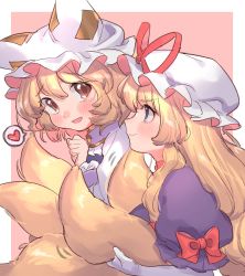 Rule 34 | 2girls, :d, animal hat, blonde hair, blush, border, bow, brown eyes, clenched hand, commentary request, dress, fox tail, from side, gloves, hair between eyes, hand up, hat, hat ribbon, heart, highres, long hair, looking at viewer, masanaga (tsukasa), mob cap, multiple girls, multiple tails, one-hour drawing challenge, open mouth, outside border, pink background, profile, puffy short sleeves, puffy sleeves, purple dress, purple eyes, red bow, red ribbon, ribbon, short hair, short sleeves, simple background, smile, spoken heart, tail, touhou, upper body, white border, white gloves, white headwear, yakumo ran, yakumo yukari, yuri