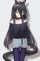 Rule 34 | 1girl, ahoge, animal ears, arms behind back, bare shoulders, black camisole, black choker, black hair, black shirt, blue shorts, blue thighhighs, camisole, casual, choker, collarbone, commentary request, cow, earrings, facing viewer, hair between eyes, highres, horse ears, jewelry, long bangs, long hair, long sleeves, looking down, manhattan cafe (umamusume), multicolored hair, no nose, pantyhose, pantyhose under shorts, parted lips, ryouta (ryouta335), shadow, shirt, short shorts, shorts, simple background, single earring, solo, standing, thighhighs, umamusume, very long hair, white background, yellow eyes