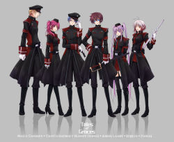 Rule 34 | 3boys, 3girls, asbel lhant, bad id, bad pixiv id, blonde hair, blue eyes, blue hair, brothers, brown eyes, brown hair, character name, cheria barnes, copyright name, glasses, gloves, gradient hair, grey background, gun, hat, hubert ozwell, malik caesars, military, military uniform, multicolored hair, multiple boys, multiple girls, pascal (tales), pink hair, purple eyes, purple hair, red hair, siblings, sophie (tales), sword, tales of (series), tales of graces, thighhighs, twintails, uniform, weapon, white hair, yuki (port fairy)