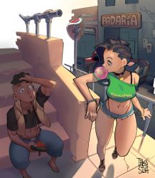 Rule 34 | 1boy, 1girl, asymmetrical hair, black hair, bracelet, brother and sister, blowing bubbles, car, chewing gum, choker, conto, cornrows, dark skin, denim, denim shorts, handheld game console, highres, hood, hoodie, jewelry, laura matsuda, midriff, motor vehicle, navel, necklace, road, road sign, sean matsuda, short shorts, shorts, siblings, sign, sitting, sleeveless, sleeveless hoodie, smile, stairs, stomach, street, street fighter, street fighter iii (series), street fighter v, thong, toned, undercut