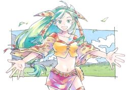 Rule 34 | 1girl, breasts, cleavage, feena (grandia), grandia, grandia i, grass, green eyes, green hair, hair ornament, hair tubes, long hair, looking at viewer, medium breasts, michibata 65, midriff, navel, open mouth, protected link, skirt, smile, solo, thighhighs, wide sleeves