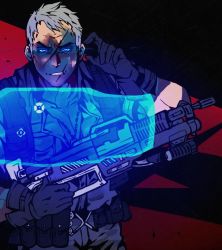 Rule 34 | 1boy, ammunition, ammunition belt, assault rifle, black gloves, blue eyes, boots, clenched teeth, energy gun, gloves, glowing, glowing eyes, grey hair, gun, jacket, long sleeves, looking at viewer, male focus, mask, overwatch, overwatch 1, pants, rifle, short hair, soldier: 76 (overwatch), solo, teeth, weapon