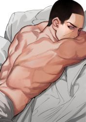 Rule 34 | 1boy, back, bad id, bad twitter id, bed, bed sheet, black eyes, black hair, buzz cut, completely nude, crossed arms, golden kamuy, looking at viewer, lying, male focus, momoyama puru, muscular, nude, on stomach, short hair, solo, toned, toned male, tsukishima hajime, upper body, very short hair