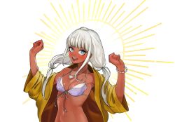 Rule 34 | 1girl, bikini, blunt bangs, bracelet, breasts, brown jacket, cleavage, clenched hand, collarbone, commentary request, danganronpa (series), danganronpa v3: killing harmony, dark-skinned female, dark skin, fang, grey background, grey hair, hands up, jacket, jewelry, long hair, looking at viewer, medium breasts, navel, necklace, open mouth, rei (tdn ng), shell, shell necklace, shiny skin, sidelocks, smile, solo, sparkle, swimsuit, twintails, upper body, white background, yonaga angie