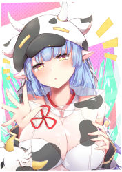 Rule 34 | 1girl, animal ears, animal print, bare shoulders, blue hair, blush, breasts, catura (granblue fantasy), cleavage, cow, cow ears, cow horns, cow print, detached collar, draph, earrings, granblue fantasy, hat, highres, horns, jewelry, large breasts, long hair, open mouth, solo, sorahachi (sora823), upper body, yellow eyes