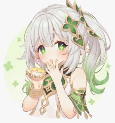 Rule 34 | 1girl, bracelet, child, commentary, cross-shaped pupils, detached sleeves, dress, food, food request, genshin impact, gold trim, gradient hair, green eyes, green hair, green sleeves, hair ornament, highres, jewelry, leaf hair ornament, long hair, multicolored hair, n2ewu, nahida (genshin impact), pointy ears, side ponytail, solo, symbol-shaped pupils, white dress, white hair