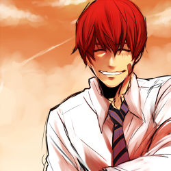 Rule 34 | 1boy, arsmagna, bad id, bad pixiv id, bandaid, bandaid on face, closed eyes, kano akira (arsmagna), lowres, male focus, necktie, ooyama (hnk1018), red hair, smile, solo, sunset, upper body