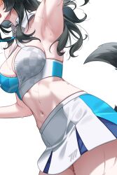 Rule 34 | 1girl, absurdres, armpits, black hair, blue archive, blush, breasts, commentary request, cowboy shot, detached collar, dog tail, facial mark, halterneck, hibiki (blue archive), hibiki (cheer squad) (blue archive), highres, korean commentary, large breasts, long hair, millennium cheerleader outfit (blue archive), navel, official alternate costume, open mouth, pleated skirt, revision, samgong, simple background, skirt, solo, star (symbol), sweat, tail, white background, white skirt
