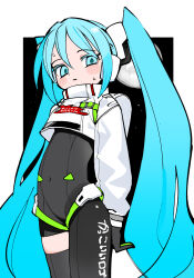 Rule 34 | 1girl, aqua eyes, aqua hair, arched back, arms behind back, asymmetrical legwear, backpack, bag, black background, black bodysuit, black gloves, blush stickers, bodysuit, border, character name, closed mouth, covered navel, cowboy shot, cropped jacket, full moon, gloves, goodsmile racing, green gloves, hair ornament, harness, hatsune miku, high collar, highres, jacket, kokaki mumose, long hair, long sleeves, looking at viewer, moon, nervous, outside border, puffy long sleeves, puffy sleeves, racing miku, racing miku (2022), single thighhigh, star (sky), sweat, thighhighs, twintails, two-tone gloves, very long hair, vocaloid, wavy mouth, white border, white jacket