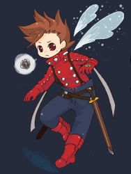 Rule 34 | 00s, 1boy, boots, brown eyes, brown hair, buttons, full body, gloves, lloyd irving, male focus, short hair, simple background, solo, sword, tales of (series), tales of symphonia, weapon, wings