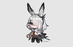 Rule 34 | 1girl, :&lt;, animal ears, arknights, black footwear, black gloves, black pants, boots, chibi, coat, commentary, daba (0dbdbx), detached sleeves, ear ornament, frostnova (arknights), gloves, grey background, grey eyes, grey hair, grey shirt, hair ornament, hair over one eye, hairclip, holding, long hair, looking at viewer, pants, rabbit ears, scar, scar on face, scar on nose, shirt, simple background, solo, twitter username, white coat