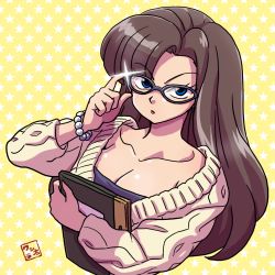 Rule 34 | 1girl, adjusting eyewear, aged up, alternate costume, bespectacled, black hair, blue eyes, book, bracelet, breasts, cleavage, collarbone, frown, glasses, holding, holding book, jewelry, long hair, looking at viewer, ninomiya hinako, parted lips, pearl bracelet, ranma 1/2, solo, star (symbol), starry background, sweater, upper body, wanta (futoshi)