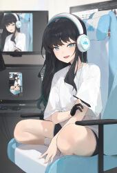 Rule 34 | 1boy, black hair, black shorts, blush, chair, commentary request, drawing tablet, flat screen tv, gaming chair, green eyes, headphones, highres, huion, indoors, keyboard (computer), kji (rozo), korean commentary, long hair, looking at viewer, mole, mole under eye, monitor, on chair, original, recursion, shirt, short sleeves, shorts, smile, socks, solo, swivel chair, t-shirt, television, tongue, white shirt, white socks