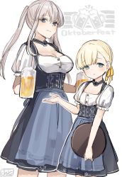 Rule 34 | 2girls, alcohol, alternate costume, apron, beer, blonde hair, blue apron, blue eyes, blush, breasts, cleavage, closed mouth, cross, cup, dress, german clothes, graf zeppelin (kancolle), grey eyes, hair between eyes, hair ornament, highres, holding, holding cup, holding tray, iron cross, kantai collection, large breasts, long dress, long hair, multiple girls, oktoberfest, one-hour drawing challenge, shin&#039;you (kancolle), short sleeves, sidelocks, smile, tray, twintails, yamashichi (mtseven)