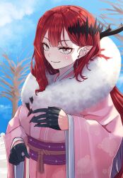 Rule 34 | 1girl, baobhan sith (fate), blue sky, blush, cernunnos (fate), closed mouth, day, earrings, fate/grand order, fate (series), gloves, grey eyes, hair ornament, half gloves, highres, japanese clothes, jewelry, kimono, long hair, looking at viewer, neck pillow, niwaikanai, obi, outdoors, pink kimono, pointy ears, red hair, sash, sidelocks, single sidelock, sky, smile, solo, tree, upper body, wide sleeves