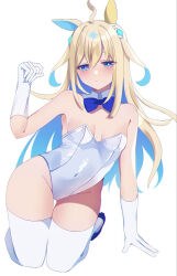 Rule 34 | 1girl, ahoge, animal ears, armpits, bare shoulders, blonde hair, blue bow, blue bowtie, blue eyes, blue hair, blush, bow, bowtie, breasts, closed mouth, collarbone, colored inner hair, commentary request, covered navel, detached collar, gloves, groin, hair between eyes, hair ornament, highres, horse ears, horse girl, kaoru (h8qm9), leotard, long hair, looking at viewer, multicolored hair, neo universe (umamusume), playboy bunny, ribbon, simple background, small breasts, solo, strapless, strapless leotard, tail, thighhighs, traditional bowtie, two-tone hair, umamusume, white background, white gloves, white leotard, white thighhighs