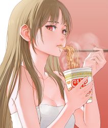 Rule 34 | 1girl, bare shoulders, breasts, brown background, brown hair, chopsticks, cleavage, closed mouth, collarbone, commentary, cup, disposable cup, eating, english commentary, eyebrows hidden by hair, food, hands up, highres, holding, holding chopsticks, holding cup, jchoy, long hair, looking at viewer, medium breasts, naked towel, nissin cup noodle, noodles, original, red eyes, solo, steam, towel, upper body, very long hair, white background