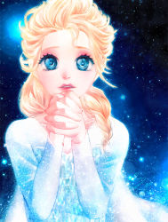 Rule 34 | 1girl, blonde hair, blue eyes, braid, elsa (frozen), eyeshadow, frozen (disney), glitter, lipstick, long sleeves, looking at viewer, makeup, own hands clasped, own hands together, signature, single braid, solo, yina