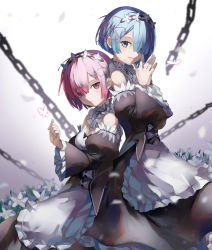 Rule 34 | 10s, 2girls, absurdres, blue eyes, blue hair, blue ribbon, breasts, bug, butterfly, chain, cleavage, detached sleeves, eredhen, flower, hair ornament, hair over one eye, hair ribbon, highres, insect, looking at viewer, maid, maid headdress, md5 mismatch, multiple girls, own hands together, pink eyes, pink hair, pink ribbon, ram (re:zero), re:zero kara hajimeru isekai seikatsu, rem (re:zero), ribbon, short hair, siblings, sisters, smile, twins, x hair ornament
