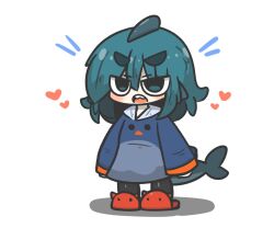 Rule 34 | 1girl, animal costume, black pantyhose, blue eyes, blue hair, blue hoodie, blush, chibi, commentary request, fins, fish tail, fuka-chan, full body, hair between eyes, heart, highres, hood, hood down, hoodie, notice lines, open mouth, original, pantyhose, penguin costume, red footwear, shadow, shark tail, sharp teeth, short eyebrows, simple background, slippers, solo, standing, tail, teeth, thick eyebrows, uni souchou, v-shaped eyebrows, white background