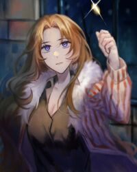 Rule 34 | 1girl, absurdres, arm up, black shirt, blue eyes, breasts, brown hair, coat, coin, collared shirt, e.g.o (project moon), fur-trimmed coat, fur trim, hand up, highres, huanxue, indoors, large breasts, limbus company, long hair, prison cell, project moon, rodion (project moon), shirt, solo, striped, striped coat, tossing, very long hair