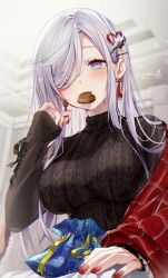 Rule 34 | 1girl, alternate costume, bag, black shirt, black sweater, blue eyes, blurry, blurry background, blush, breasts, candy, chocolate, chocolate heart, contemporary, earrings, eyes visible through hair, food, food in mouth, genshin impact, gift bag, gradient eyes, grey hair, hair behind ear, hair ornament, hair over one eye, hairclip, hand up, heart, heart hair ornament, highres, jewelry, large breasts, long hair, long sleeves, looking at viewer, memeno, mouth hold, multicolored eyes, nail polish, red nails, red shawl, ribbon, shawl, shenhe (genshin impact), shirt, sidelocks, sleeves past wrists, solo, sweater, swept bangs, tassel, tassel earrings, turtleneck, turtleneck sweater, twitter username, upper body, valentine, yellow ribbon