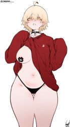 Rule 34 | 1girl, ahoge, bags under eyes, blonde hair, borrowed character, breasts, choker, chris (ginseng), clothes lift, cross pasties, expressionless, flashing, ginseng (xin), gluteal fold, hair between eyes, highres, large breasts, long sleeves, looking at viewer, navel, no pants, one breast out, original, pasties, red sweater, short hair, simple background, solo, sweater, sweater lift, thick thighs, thighs, thong, yellow eyes