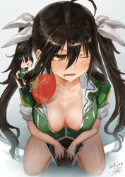 Rule 34 | 2girls, ahoge, black hair, blush, breasts, brown eyes, chibi, chikuma (kancolle), collarbone, commentary request, from above, hair between eyes, hair ribbon, hand fan, highres, kantai collection, long hair, medium breasts, multiple girls, one eye closed, open clothes, open shirt, paper fan, pelvic curtain, remodel (kantai collection), ribbon, signature, sweat, toka (marchlizard), tone (kancolle), twintails, white ribbon