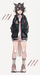 Rule 34 | 1girl, animal ears, bandaid, bandaid on face, bandaid on nose, black hair, black jacket, blouse, e no (ntmeno8), full body, hands in pockets, highres, hood, hood down, hooded jacket, horse ears, horse girl, horse tail, jacket, long hair, long sleeves, looking at viewer, mouth hold, narita brian (umamusume), open clothes, open jacket, ponytail, shirt, shoes, sneakers, socks, solo, stalk in mouth, standing, tail, umamusume, white footwear, white shirt, white socks, yellow eyes