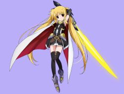 Rule 34 | 1girl, armor, armpits, arms up, bardiche (blitz saber form) (nanoha), bardiche (nanoha), belt, black dress, black gloves, black ribbon, black thighhighs, blonde hair, blue background, brown belt, cape, closed mouth, commentary request, dress, energy sword, fate testarossa, fate testarossa (blaze iii), full body, gloves, greaves, grey footwear, hair ribbon, head tilt, holding, holding behind back, holding sword, holding weapon, kirara-sakura, long hair, looking at viewer, lyrical nanoha, magical girl, mahou shoujo lyrical nanoha, mahou shoujo lyrical nanoha detonation, overskirt, red eyes, ribbon, short dress, simple background, sleeveless, sleeveless dress, smile, solo, standing, sword, thighhighs, twintails, weapon, white cape