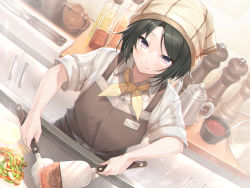 Rule 34 | 1girl, apron, black hair, blush, bottle, brown apron, brown headwear, collared shirt, commentary request, cooking, food, hasumi (hasubatake39), highres, holding, holding spatula, indoors, kitchen, looking at viewer, neckerchief, original, purple eyes, shirt, short sleeves, smile, solo, spatula, standing, striped clothes, striped shirt, teapot, white shirt, yellow neckerchief