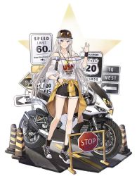 Rule 34 | 1girl, arrow (symbol), azur lane, bare legs, baseball cap, black footwear, black hat, black shorts, breasts, closed mouth, clothes around waist, clothes writing, collarbone, cutoffs, enterprise (anniversary ride) (azur lane), enterprise (azur lane), eyewear on headwear, full body, fur trim, hand up, hao (patinnko), hat, highres, jacket, jacket around waist, jewelry, long hair, looking at viewer, medium breasts, motor vehicle, motorcycle, necklace, off-shoulder shirt, off shoulder, official alternate costume, official art, one way sign, purple eyes, road sign, salute, shirt, shoes, short shorts, shorts, sidelocks, sign, signpost, silver hair, smile, solo, speed limit sign, standing, star (symbol), star trek, stop sign, sunglasses, sweatband, tachi-e, traffic cone, transparent background, very long hair, vulcan salute, watch, white shirt, wristwatch, yellow jacket