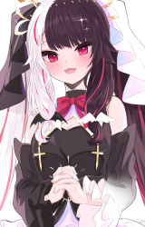 Rule 34 | 1girl, absurdres, bare shoulders, black hair, black sleeves, blush, breasts, cleavage, commentary request, detached sleeves, hair ornament, hair ribbon, highres, kei-chan (ultimatekeichan), long hair, looking at viewer, md5 mismatch, medium breasts, multicolored hair, nijisanji, red eyes, red hair, resolution mismatch, ribbon, simple background, smile, solo, source larger, split-color hair, twintails, two-tone hair, virtual youtuber, white background, white hair, yorumi rena, yorumi rena (4th costume)