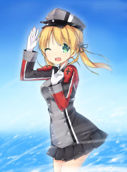 Rule 34 | 10s, 1girl, amemiya ruki, blonde hair, gloves, gradient background, green eyes, hat, highres, kantai collection, long hair, one eye closed, peaked cap, prinz eugen (kancolle), salute, smile, solo, twintails, uniform