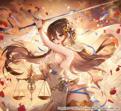 Rule 34 | 1girl, :o, apple caramel, arm up, blue ribbon, breasts, brown hair, cleavage, company name, earrings, fingerless gloves, flower, game of dice, gloves, hair between eyes, hair flower, hair ornament, hair ribbon, holding, holding sword, holding weapon, jewelry, large breasts, long hair, official art, petals, ribbon, sideboob, standing, sword, thighhighs, watermark, weapon, weighing scale, white gloves